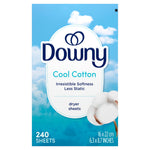 Tall portrait view of Downy Cool Cotton dryer sheets box with sky background and cotton illustration