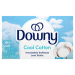Downy Cool Cotton packaging close-up showing logo, cotton graphic and 240 sheets product information.