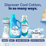 Assortment of Downy Cool Cotton products - softener, rinse, in-wash booster and dryer sheets on display.