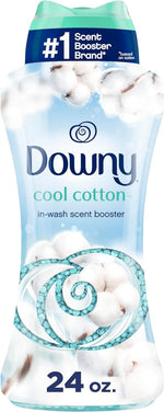 Tall bottle of Downy Cool Cotton in-wash scent booster with cotton graphics and 24 oz. label