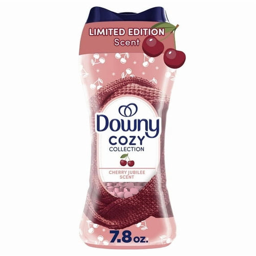 Downy Cozy Collection Cherry Jubilee in-wash scent booster bottle with pink label and cherry graphic
