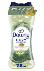 Tall Downy Cozy Collection pistachio cream scent bottle with green knit motif and visible pale green scent beads inside
