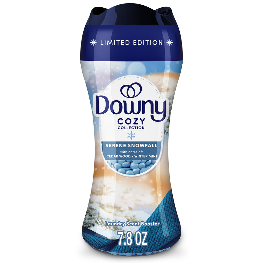 Tall bottle of Downy Cozy Collection Serene Snowfall in-wash scent booster with blue cap and winter label.