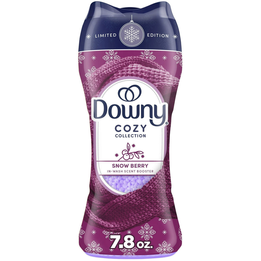 Tall purple Downy Cozy Collection Snow Berry in-wash scent booster bottle with knitted scarf graphic and 7.8 oz label