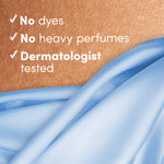 Close-up of skin and smooth blue fabric with text calling out ‘No dyes’, ‘No heavy perfumes’, and ‘Dermatologist tested’.