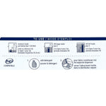 Close-up of the product dosing instructions panel showing HE compatible fill lines and steps for adding detergent and fabric conditioner.