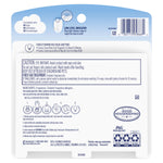 Back of Febreze Plug Calm Downy Infusions refill blister card showing caution text, ingredients, installation icons, barcode and Good Housekeeping badge.