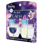Retail blister pack of Downy Infusions Febreze Plug Calm scented oil refills, two refill bottles shown against purple floral artwork.