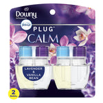 Close-up front view of Downy Infusions Febreze Plug Calm two-pack oil refills with lavender-themed packaging and visible product label on one bottle.