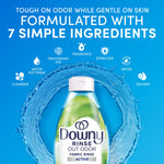 Ingredient and benefit graphic featuring a Downy Rinse Out Odor bottle surrounded by a water splash