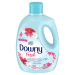 Light blue Downy Fresh liquid fabric softener bottle with floral label and blue cap, centered on white background.
