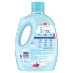 Back of a light blue Downy Fresh bottle showing usage instructions, icons, and product information label.