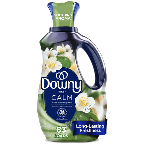 Bottle of Downy Fresh Calm liquid fabric softener with white floral graphics and navy handle