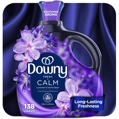 Close-up product label of a purple Downy Fresh Calm fabric softener bottle with lavender flowers