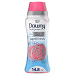 Tall Downy Fresh Protect scent booster bottle with pink cap and visible pink beads through window