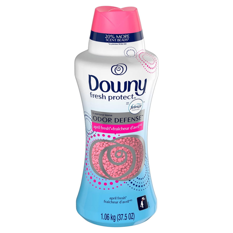 Tall Downy Fresh Protect in-wash scent beads bottle with blue-to-white gradient and pink cap, April Fresh branding