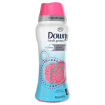 Downy Fresh Protect bottle with pink cap on white background, straight-on view showing label and beads window