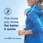 Lifestyle graphic showing a smiling person in a blue hoodie and copy: “The more you move, the better it works”
