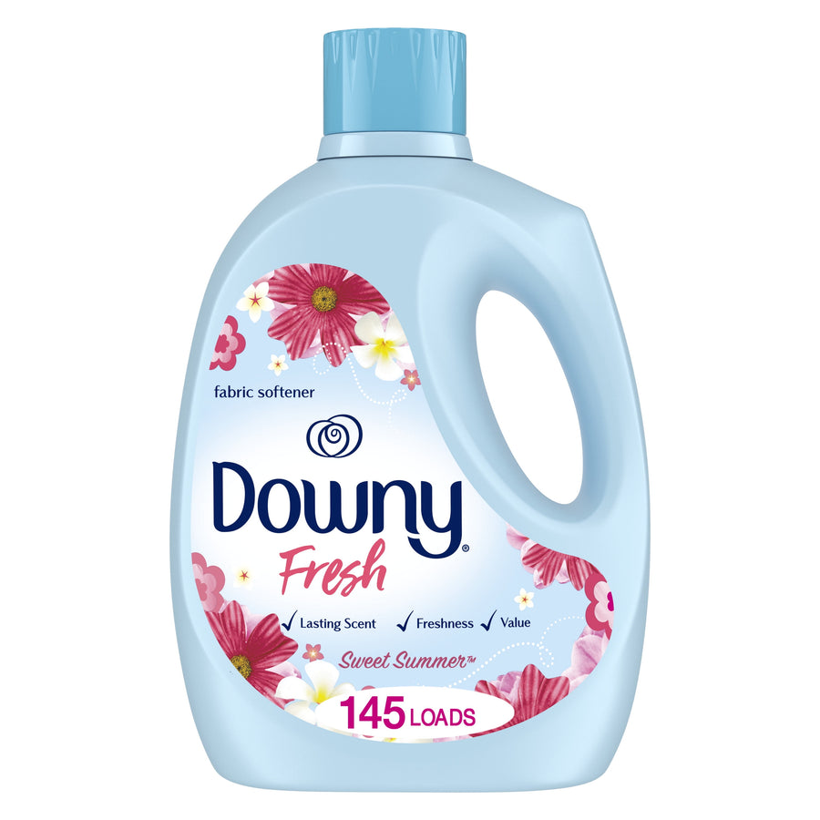 Light blue Downy Fresh fabric softener bottle with floral label and blue cap, front view.