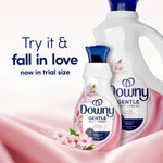 Promotional image of two Downy Gentle Cherry Blossom bottles with text 'Try it & fall in love now in trial size' and pink floral accents.