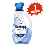 Downy Gentle Ocean Mist liquid fabric softener bottle with blue cap and ‘66 loads’ label, shown with a red 1 pack badge
