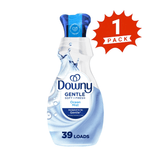 Downy Gentle Ocean Mist liquid fabric softener bottle with blue cap and a red '1 pack' burst badge