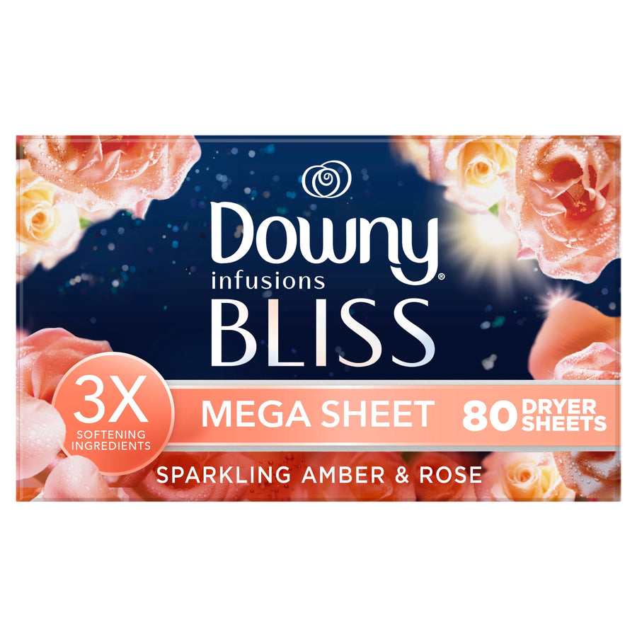 Downy Infusions Bliss mega sheet box with floral artwork and '80 dryer sheets' callout