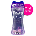 Purple Downy Infusions CALM in-wash scent booster bottle with lavender & vanilla bean graphics and pink ‘Trial Size!’ badge