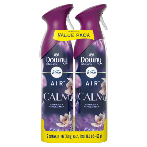 Two purple Downy Infusions Febreze AIR Calm spray bottles packaged as a value pack with lavender imagery