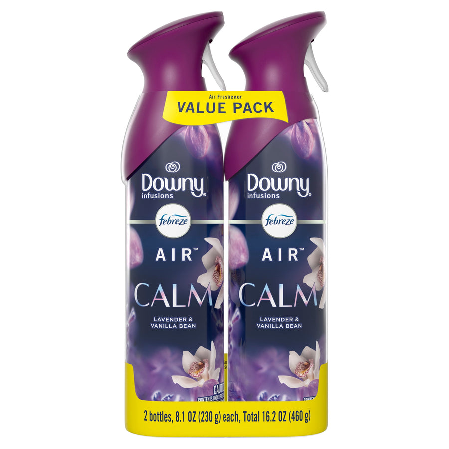 Two purple Downy Infusions Febreze AIR Calm spray bottles packaged as a value pack with lavender imagery