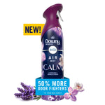 Tall purple Downy Infusions Febreze air mist canister labeled Calm with lavender and vanilla visuals and a 50% more odor fighters badge