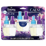 Downy Infusions Febreze Plug 3-refill retail blister pack showing five refill bottles and Calm Lavender & Vanilla Bean artwork