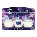 Retail blister pack of Downy Infusions Febreze Plug refill trio labeled Calm Lavender & Vanilla Bean