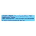 Close-up product ingredient panel on a blue background listing perfume carrier, fragrances, colorants and a downy.com reference