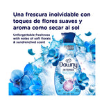 Promotional artwork of Downy Intense bottle surrounded by blue flowers, water splash and bilingual freshness text