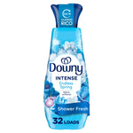 Tall blue Downy Intense Endless Spring fabric softener bottle with floral water graphics and '32 loads' label