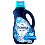 Dark blue Downy Intense Endless Spring fabric softener bottle with floral label and handle on white background