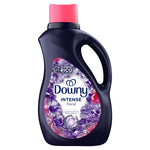 Downy Intense Floral fabric softener bottle with handle and pink cap, purple floral label and 105 loads text