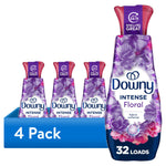 Four Downy Intense Floral fabric softener bottles displayed with a blue 4 Pack banner