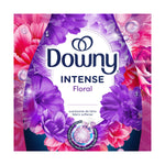 Close-up label-style graphic showing Downy Intense Floral logo with purple and pink flowers and product imagery