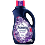 Dark navy bottle of Downy Intense Floral fabric softener with purple floral label and 105 loads callout