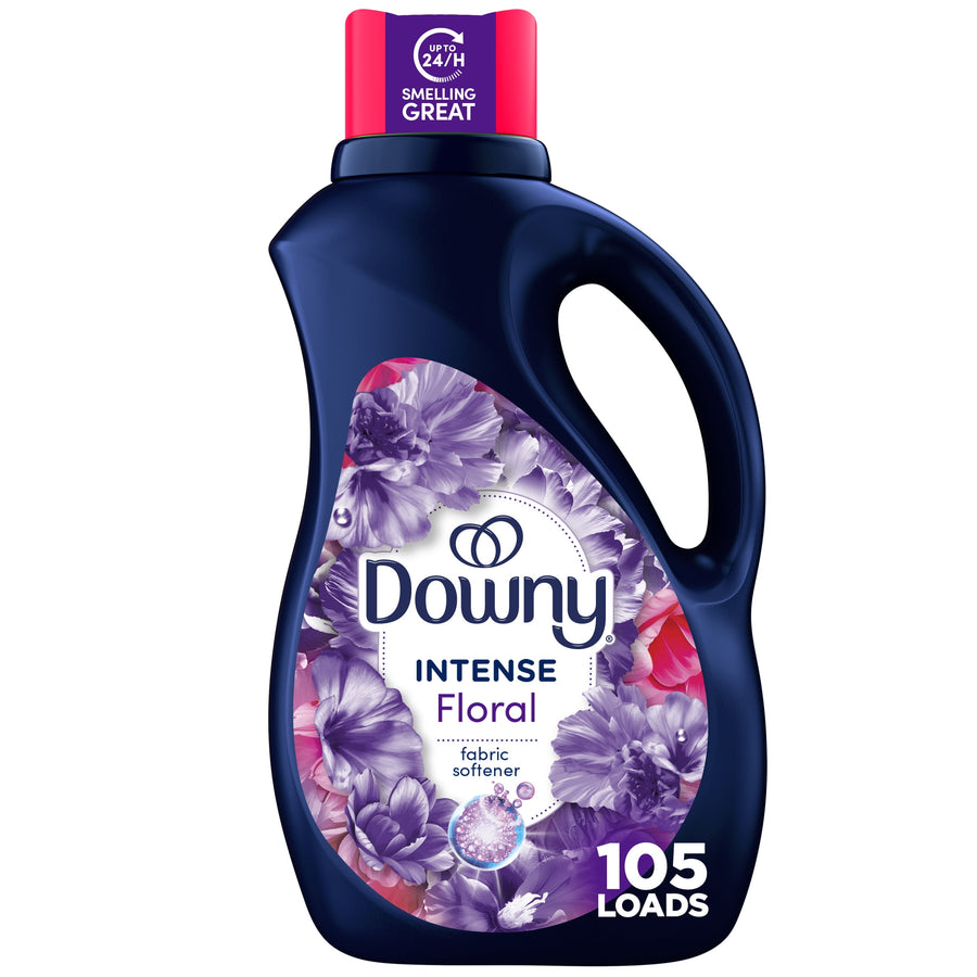 Dark navy bottle of Downy Intense Floral fabric softener with purple floral label and 105 loads callout