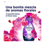 Downy Intense Floral bottle surrounded by stylized pink and purple flowers with bilingual product headline
