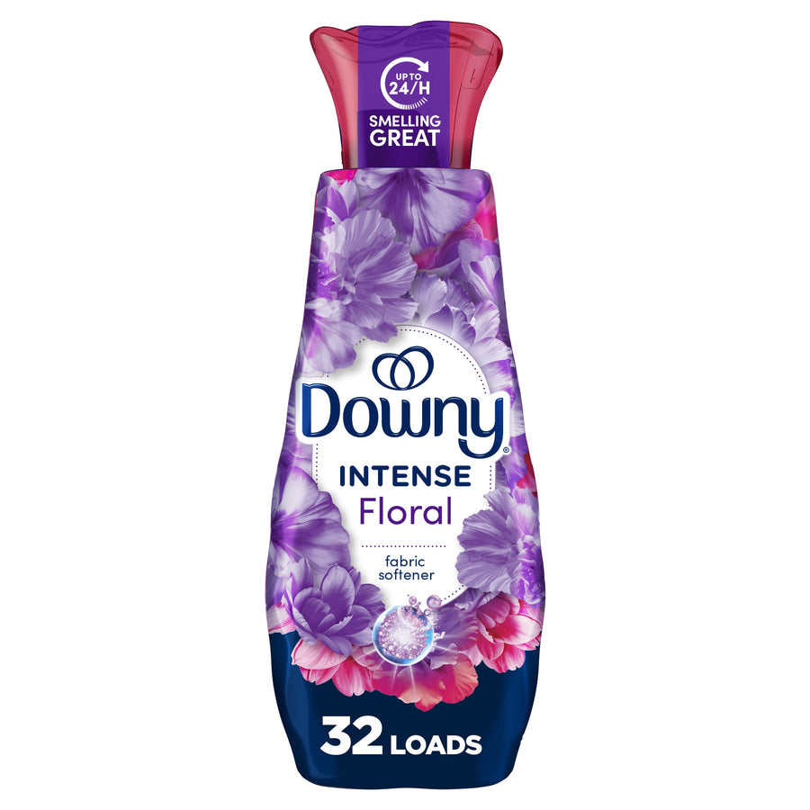 Single Downy Intense Floral fabric softener bottle with purple floral packaging and 32 loads label