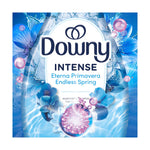 Close-up graphic of Downy logo and product name 'Intense Endless Spring' with blue floral and water imagery