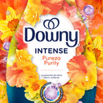Close-up label graphic showing Downy Intense Pureza Purity logo surrounded by orange and yellow flowers