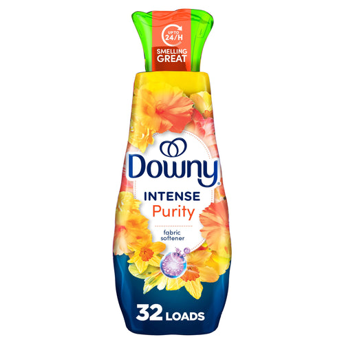 Bottle of Downy Intense Purity fabric softener with floral label and '32 loads' text on white background.