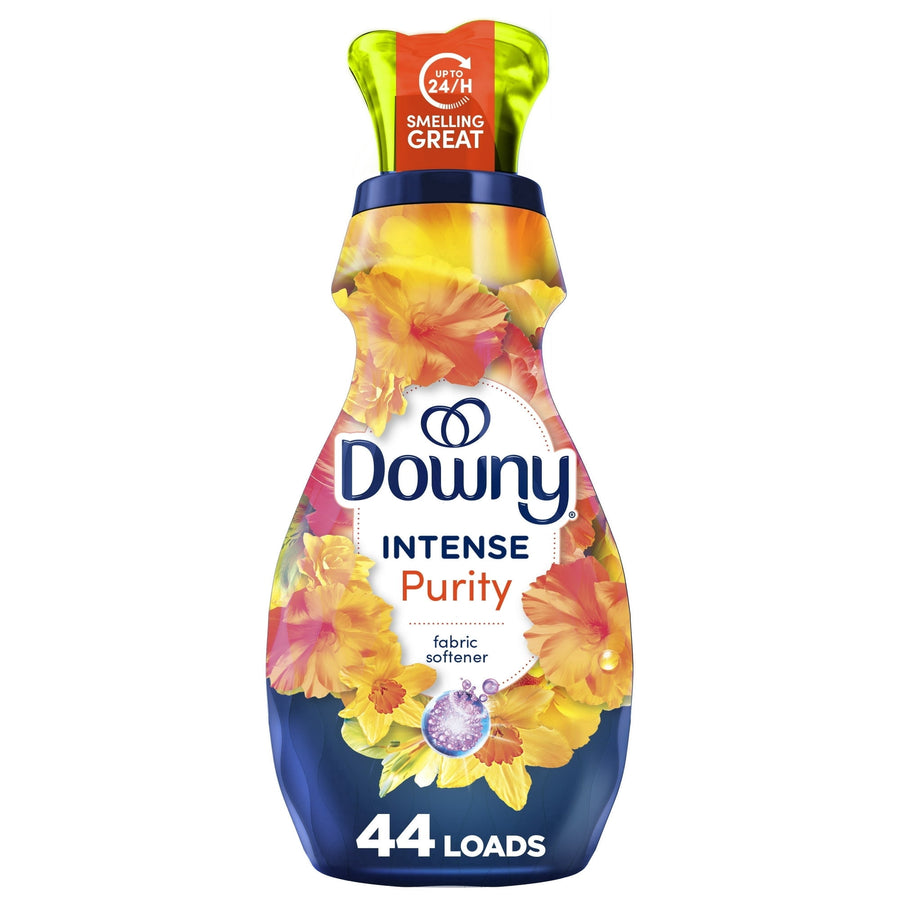 Bottle of Downy Intense Purity liquid fabric softener with floral label and 44 loads callout