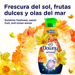 Downy Intense Purity bottle surrounded by bright yellow and orange flowers with bilingual freshness text
