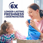 Lifestyle image with a woman and child smelling laundry beside text claiming 6X longer-lasting freshness and odor protection